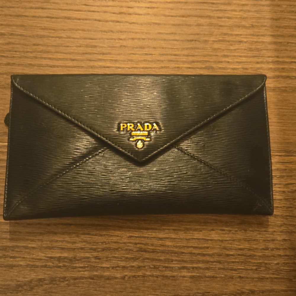 Prada Black Leather Clutch with Gold Detail